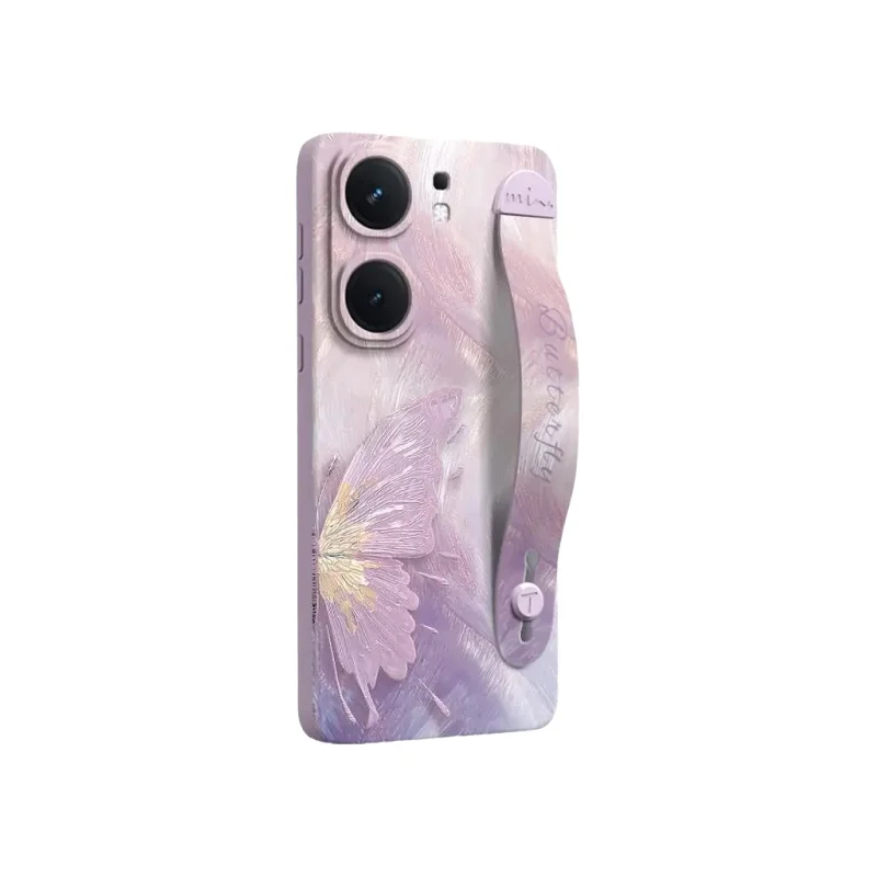 iQOO Neo9用 バタフライデザインスマホケース【一体型腕帯スタンド・液状シリコン・全包型・防衝撃】