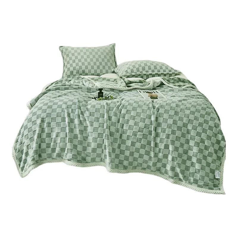 ヴィンテージチェック柄のウサギ毛フリースブランケット【厚手・冬用・オフィス昼寝・ソファカバー・コーラルフリース】