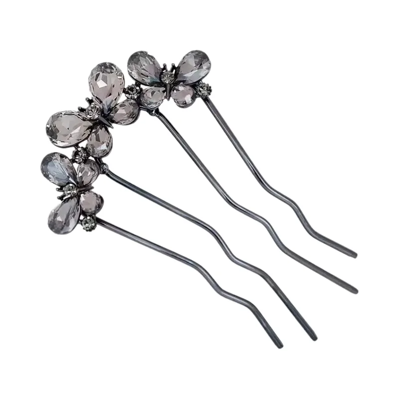 高級感のあるクリスタル蝶デザインのU型ヘアピン【シンプルなアップスタイル用】
