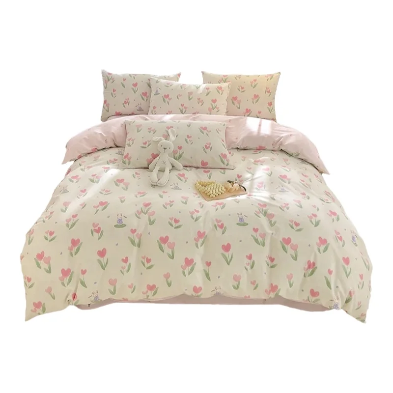 シンプルな無地デザインの三層ガーゼ全棉ベッドカバー【肌触りが良い・フラワーパターン・四点セット対応】