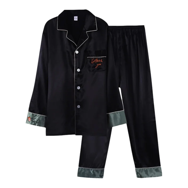 黒のカップルパジャマ【春秋夏用・長袖・アイスシルク・薄手・メンズ大きいサイズ・ホームウェア】（セットアップ対応）