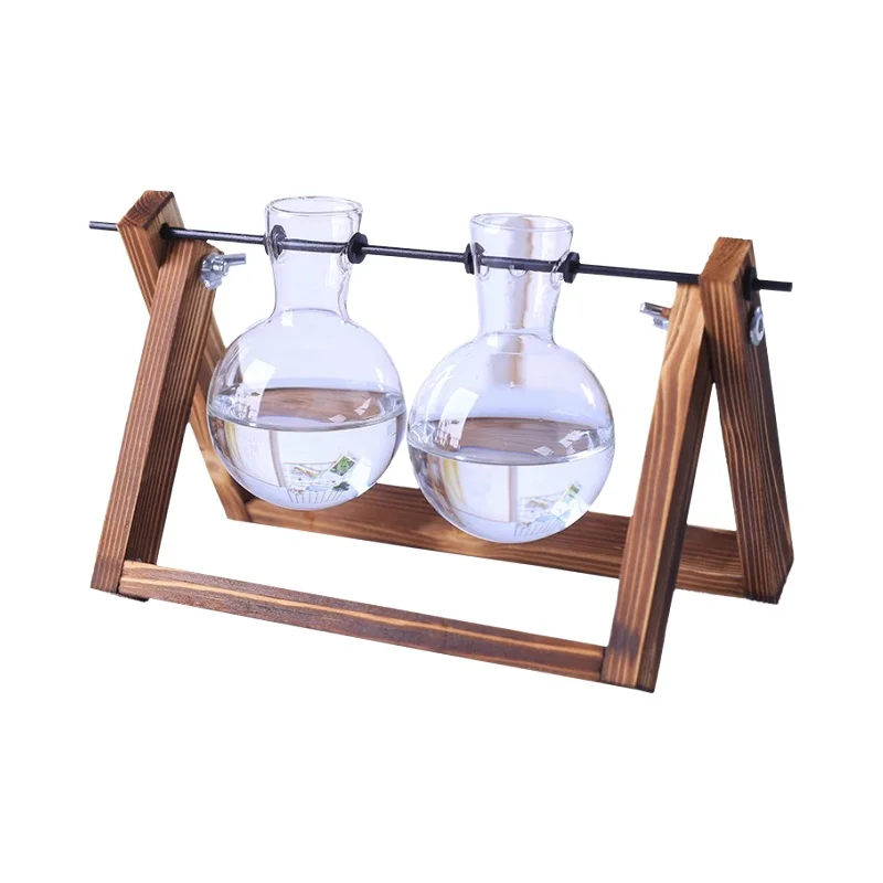 水耕花瓶 オフィス デスク装飾 ガラス 木製フレーム グリーンローブ 植物 創造的デザイン