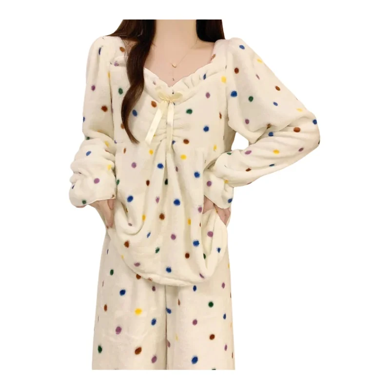 極上の柔らかさ！冬用コーラルフリースパジャマ【ドット柄・プリンセススタイル・長袖・ホームウェア】（セットアップ対応）