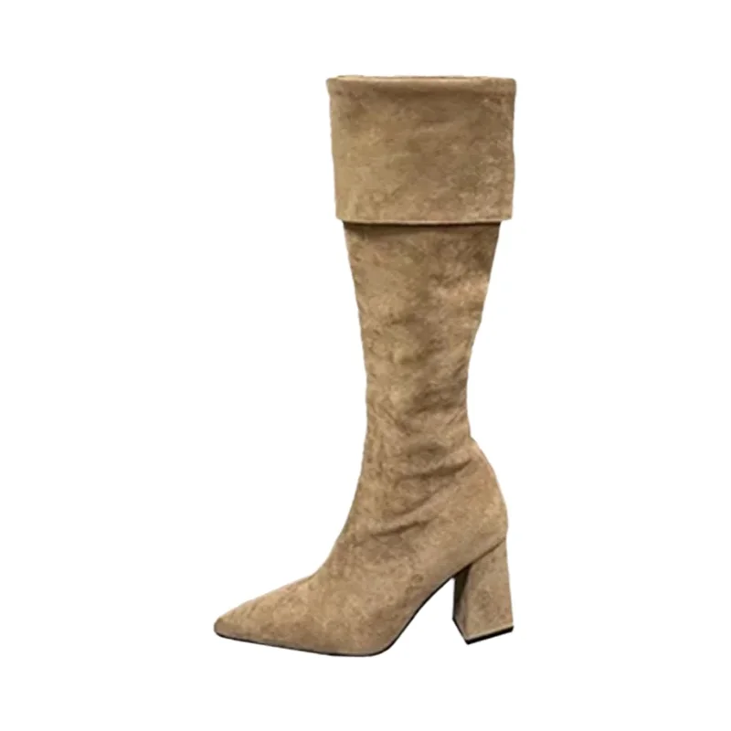 尖ったトウのサテン仕上げのひだ入りロングブーツ【厚底・膝上丈・ライダーブーツ】