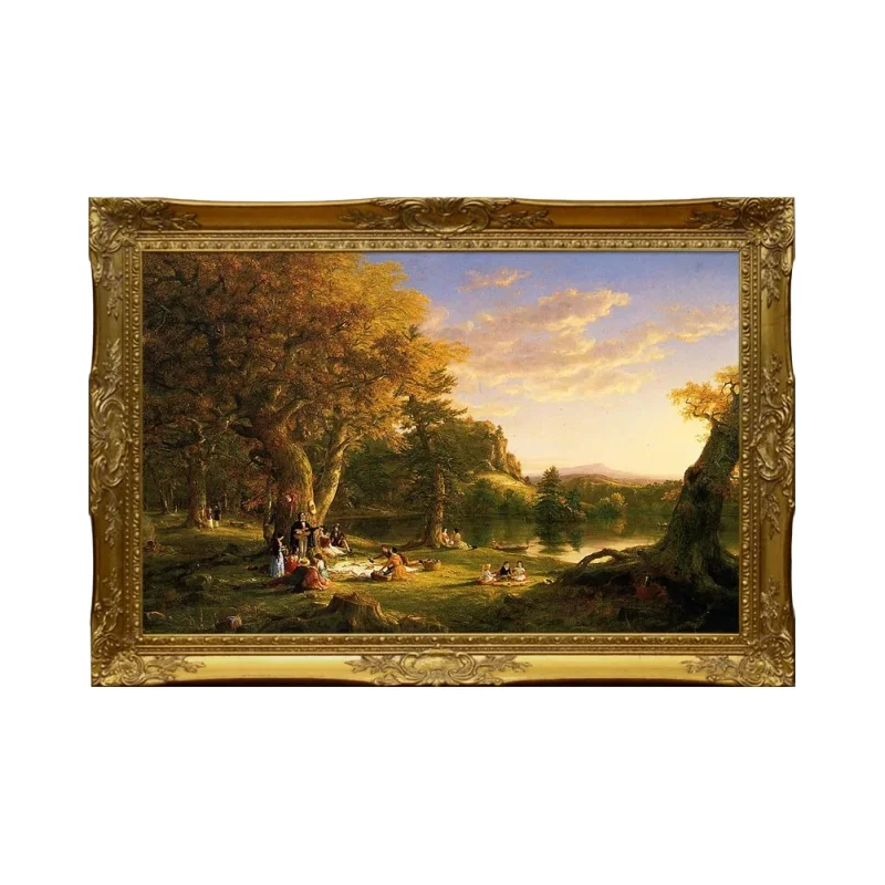 古典欧式風景油絵【ピクニック・厚みのあるフレーム付き・リビング・レストラン用装飾】