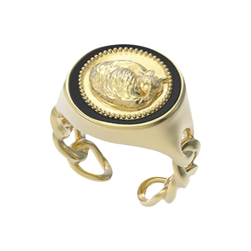 猫デザインのオープンフィンガーリング【レトロスタイル・ゴールドコーティング】