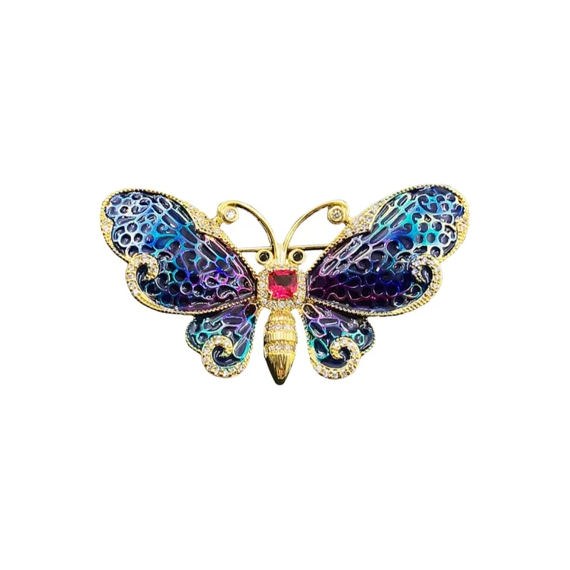 エナメル工芸のレトロな蝶型ブローチ【高級・デザイン良好・コートやスーツに最適】
