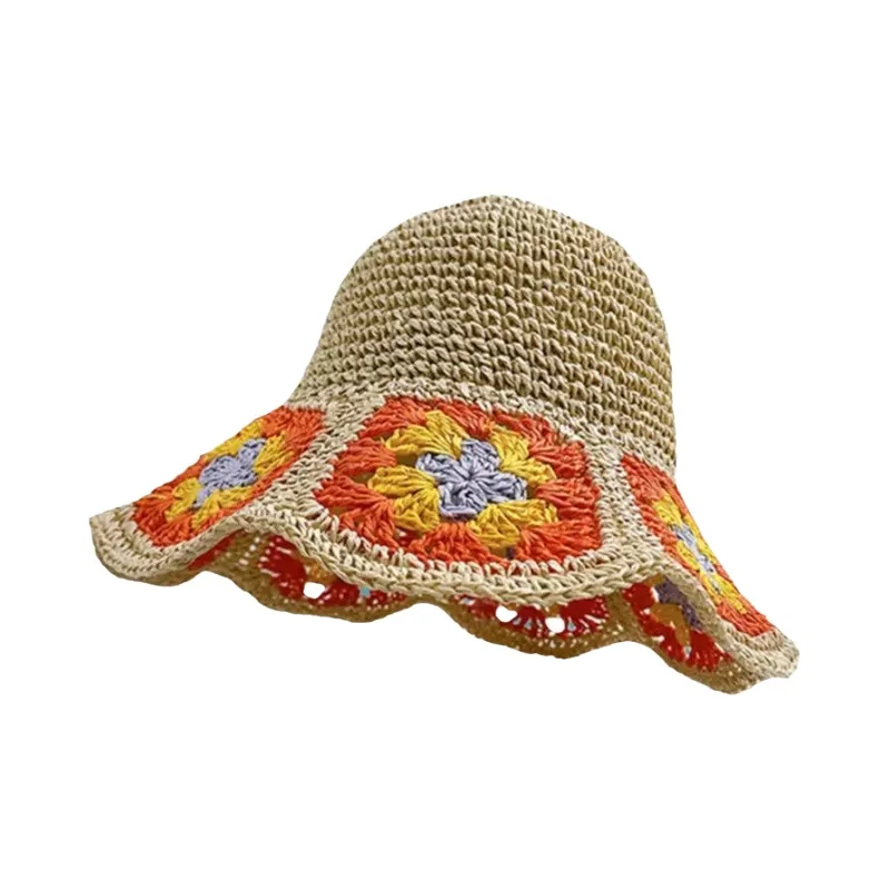 花刺繍の大きなつばの麦わら帽子【夏用・折りたたみ・ビーチリゾート対応】