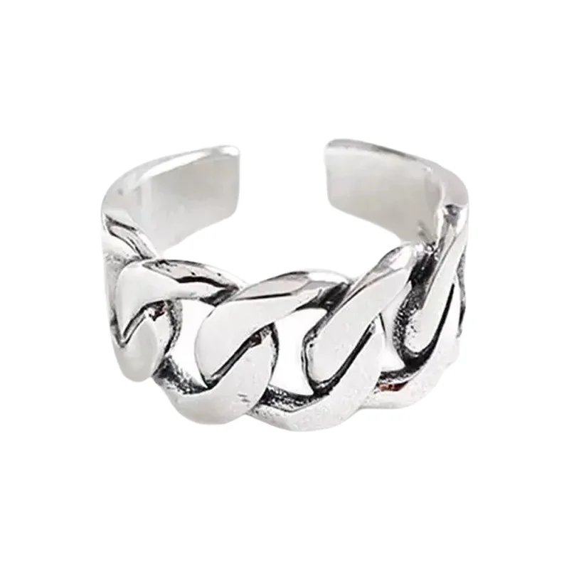 925純銀製 ヴィンテージ風オープンリング【太いチェーンデザイン・幅広・ユニセックス】