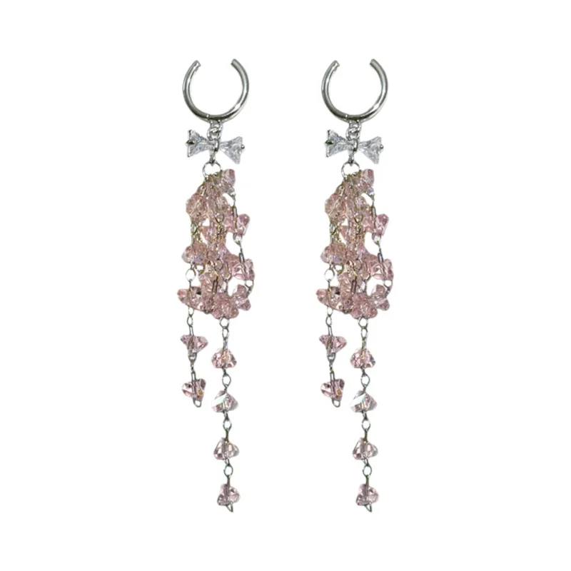 無耳孔用ピンク水晶ロングフリンジイヤリング【高級感あるデザイン・リゾートスタイル】