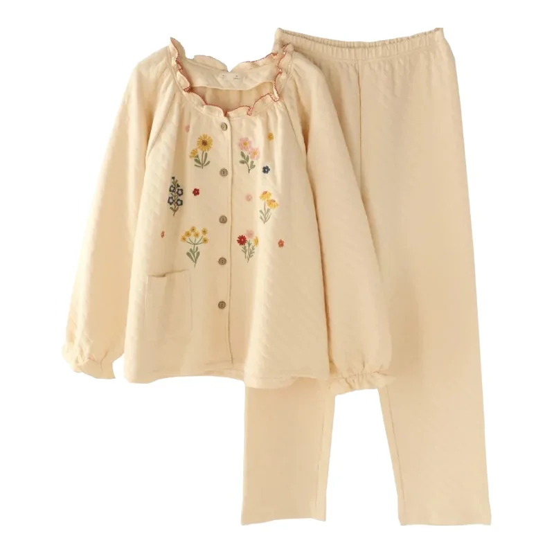 秋冬用のレディース寝間着【加厚保暖・空気層・甘美な刺繍・上下セットアップ対応】