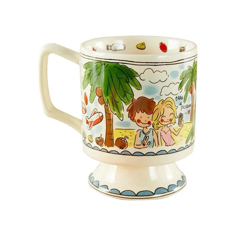 おしゃれなデザインの陶製カフェマグカップ【フランス風・高脚・朝食用】