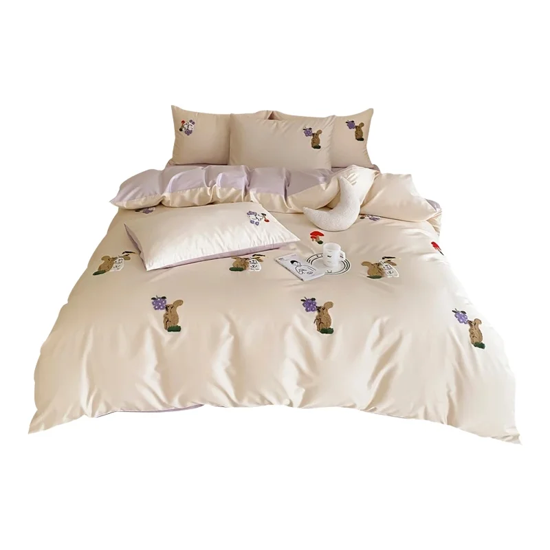 可愛いカートン刺繍の四点セット【全棉・長綿・ベッドリネン】（セットアップ対応）