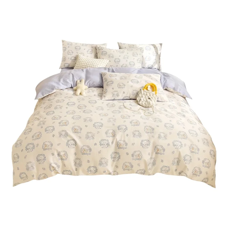 全棉製 フレンチスタイルの小兔と小熊デザイン四件セットベッドリネン【掛け布団カバー・シーツ・マットレスカバー付き】（セットアップ対応）