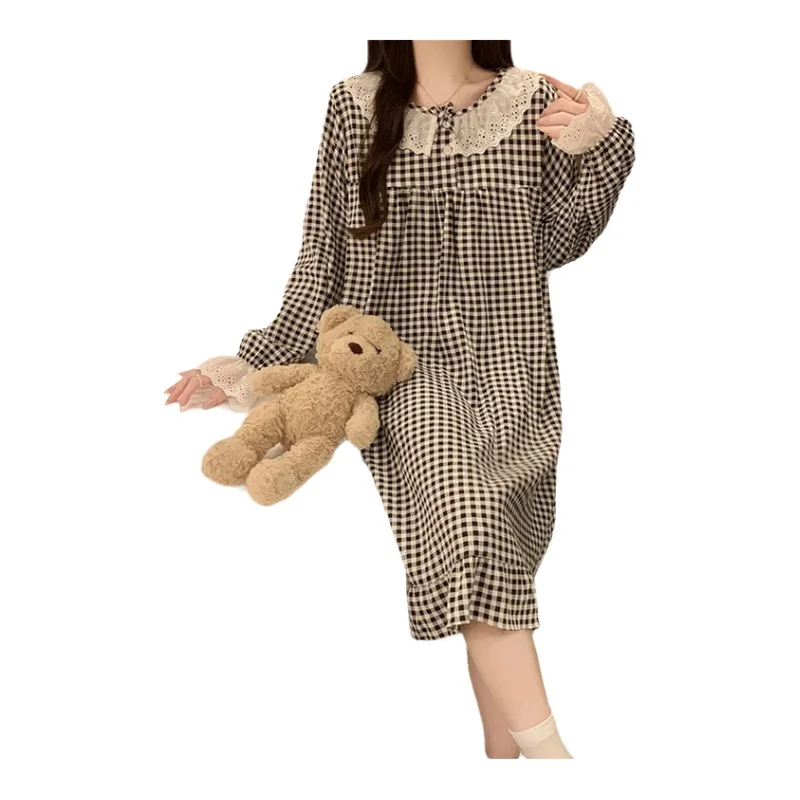 雲朵コットン 長袖ワンピース【プリンセススタイル・ドールカラー・レトロチェック・秋用】