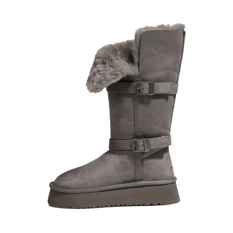 防滑・保温のロング丈雪用ブーツ【極上の柔らかさ・グレー・厚底】