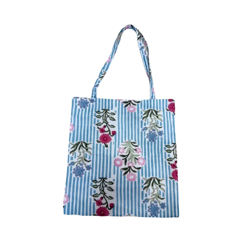 インディアンプリントの花柄ショルダーバッグ【鮮やかな青と緑のストライプ・ヴィンテージスタイル・リゾート用】