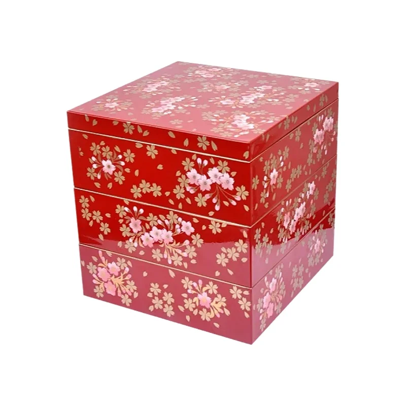 漆塗り中型日本式お花のデザイン寿司ボックス【三層・便当・華やかな装飾】