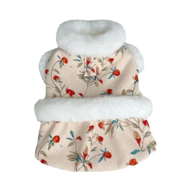 ペット用 秋冬新作 裏起毛 花柄 ボーダー ワンピース【犬・猫用・ハーネス付き・お正月用】