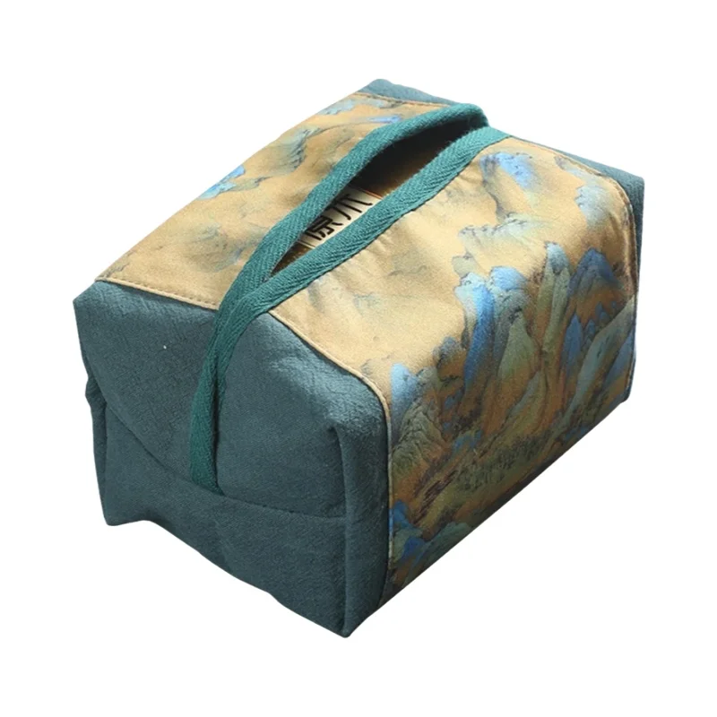 レトロデザインの布製ティッシュボックス【麻混素材・リビング用・古画デザイン】