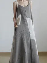 涼しげな麻素材のカラー切替キャミソールワンピース【した雰囲気・夏用・ルーズフィット】