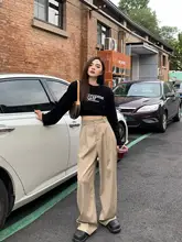 カーキ色 ハイウエスト レディーススーツパンツ【春秋用・ゆったりシルエット・ストレートデザイン】