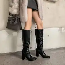 トレンド杢長靴【女性用・粗ヒール・膝下丈・エラスティック・ライダータイプ】