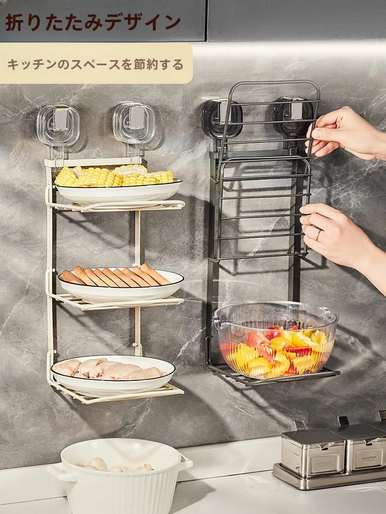 吸盤式食材収納棚：北欧風の多層設計で狭いキッチンを効率的に整理