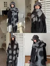 大判ストール マフラー レディース 水玉 フリンジ 厚手 モード系 ダーク系