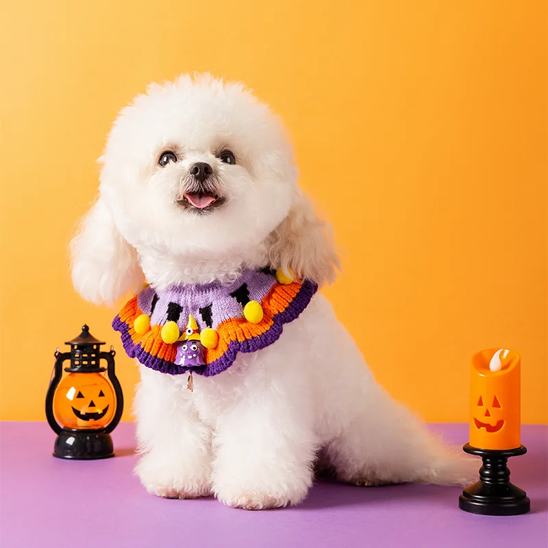 ペット用ハロウィン手編み首輪：ニットデザインで小型犬・猫に最適な仮装アクセサリー