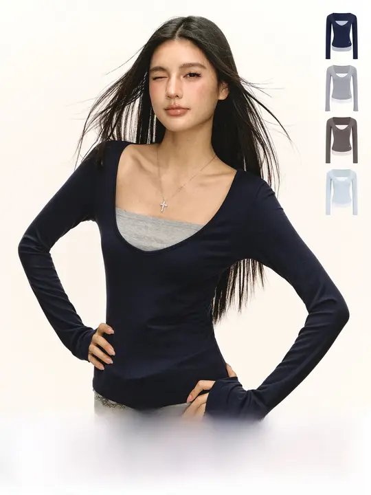 長袖Tシャツ レディース アメカジ ヴィンテージ スリムフィット フェイクレイヤード インナー 春 トップス 「Ariseism」