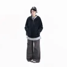 アメリカンビンテージ風 スプレーグラフィックジップアップフード付きカーディガン【ゆったりしたデザイン】