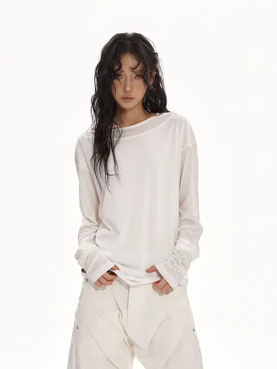 女性用 シンプルなカジュアルロングスリーブTシャツ【落ち感・夏向け・ノースリーブ風】（セットアップ対応）