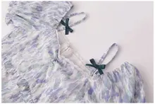 フレンチスタイルのレトロなバタフライリボン付きオフショルダーチャーハン模様の中長丈シフォンワンピース（セットアップ対応）