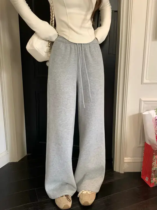 極上の柔らかさ 加厚ストレートパンツ【ハイウエスト・レディース・白色】（セットアップ対応）