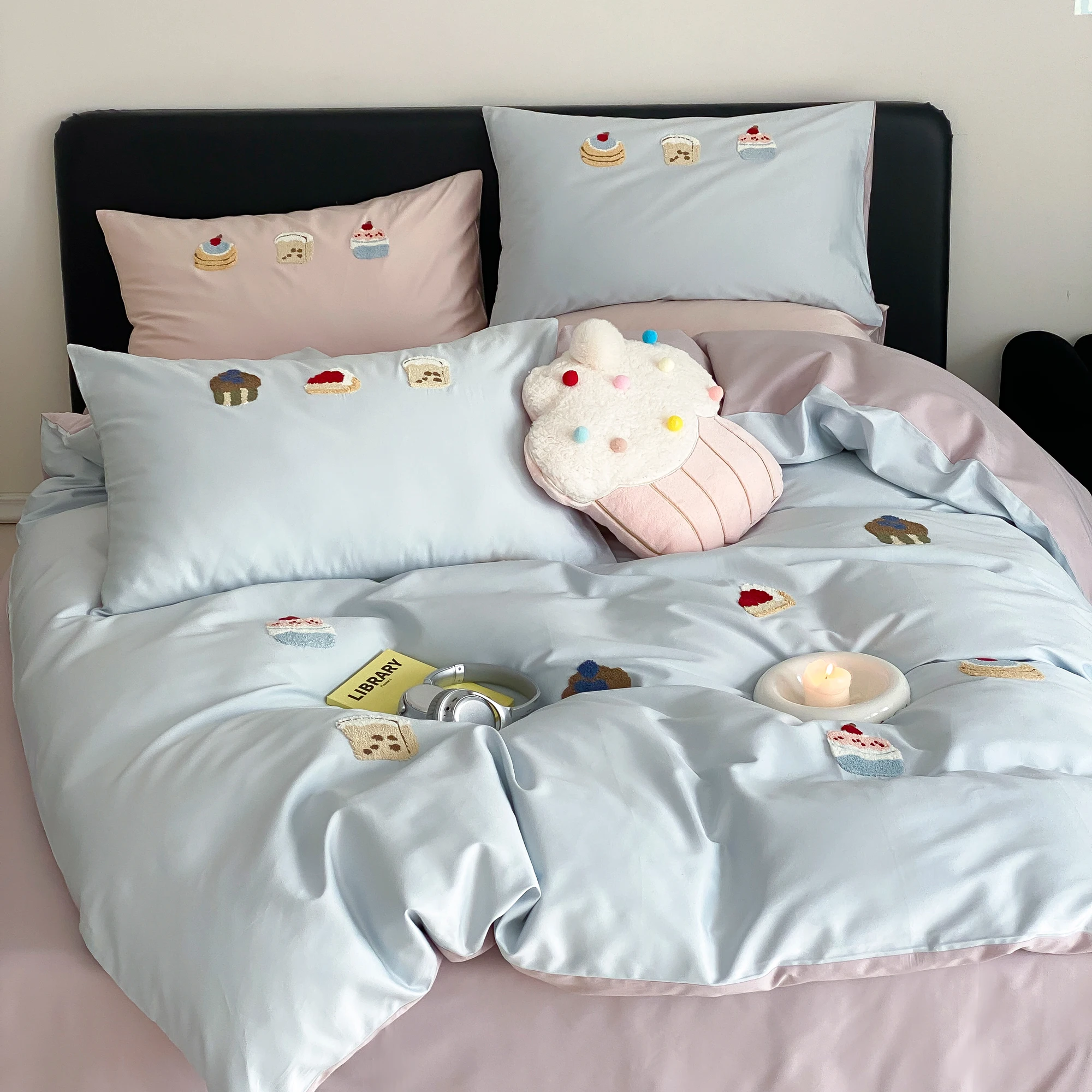 可愛いデザインの刺繍入りコットン掛け布団カバー：四季通用の少女風デザインと高密度全棉の実用性