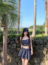 ストライプのバブルスリーブシャツとノースリーブリトルドレスの三点セット（セットアップ対応）