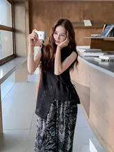 2点セット レディース ベスト ワイドパンツ ブラック プリント パッチワーク レイヤード 韓流 シンプル 夏