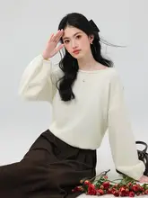 女性用 ビーズ装飾の長袖ニットセーター【ラウンドネック・ゆったりシルエット・春秋用】（セットアップ対応）