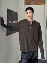 個性的なパッチワークデザイン メンズ長袖カジュアルTシャツ【ストライプ・ドローストリング付き】