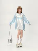 ラグビー風 ブルー ショルダー付き長袖Tシャツ【オーバーサイズ・ラミネートデザイン】