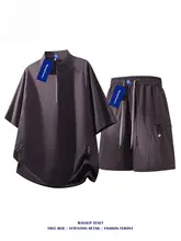 半ジップメッシュ通気性Tシャツ【ショートスリーブ・アイスシルク・男性用】とショートパンツ（セットアップ対応）