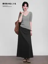 高腰フレアニットスカート【グレー・Aライン・ミディ丈・体型カバー】