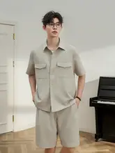 2点セット メンズ 半袖 シャツジャケット ショートパンツ 凹凸テクスチャー ドレープ 薄手 夏 おしゃれ