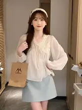フレンチスタイルVネックシフォンブラウス【甘美なランタン袖・春夏用・日焼け防止】