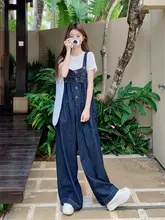 文芸風デニムオーバーオールワイドパンツと白Tシャツの夏のコーディネート【キュートで若々しい印象・質感のある2点セット】（セットアップ対応）