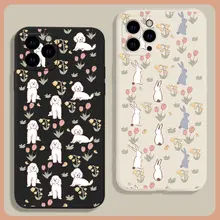 可愛らしいウサギと子犬のフラワーデザインスマートフォンケース【iPhone対応・シリコン製・透明】（セットアップ対応）