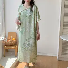夏用プリント綿シルクネグリジェ【ストライプ・フィット・ミディアム丈・国風】
