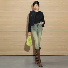 ヴィンテージ風 ブルー スキニーデニムパンツ【ハイウエスト・ダブルボタン・女性用・細見えデザイン】