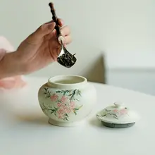 手描き桃花デザインの陶器製ストレージ容器【防湿密閉・家庭用】